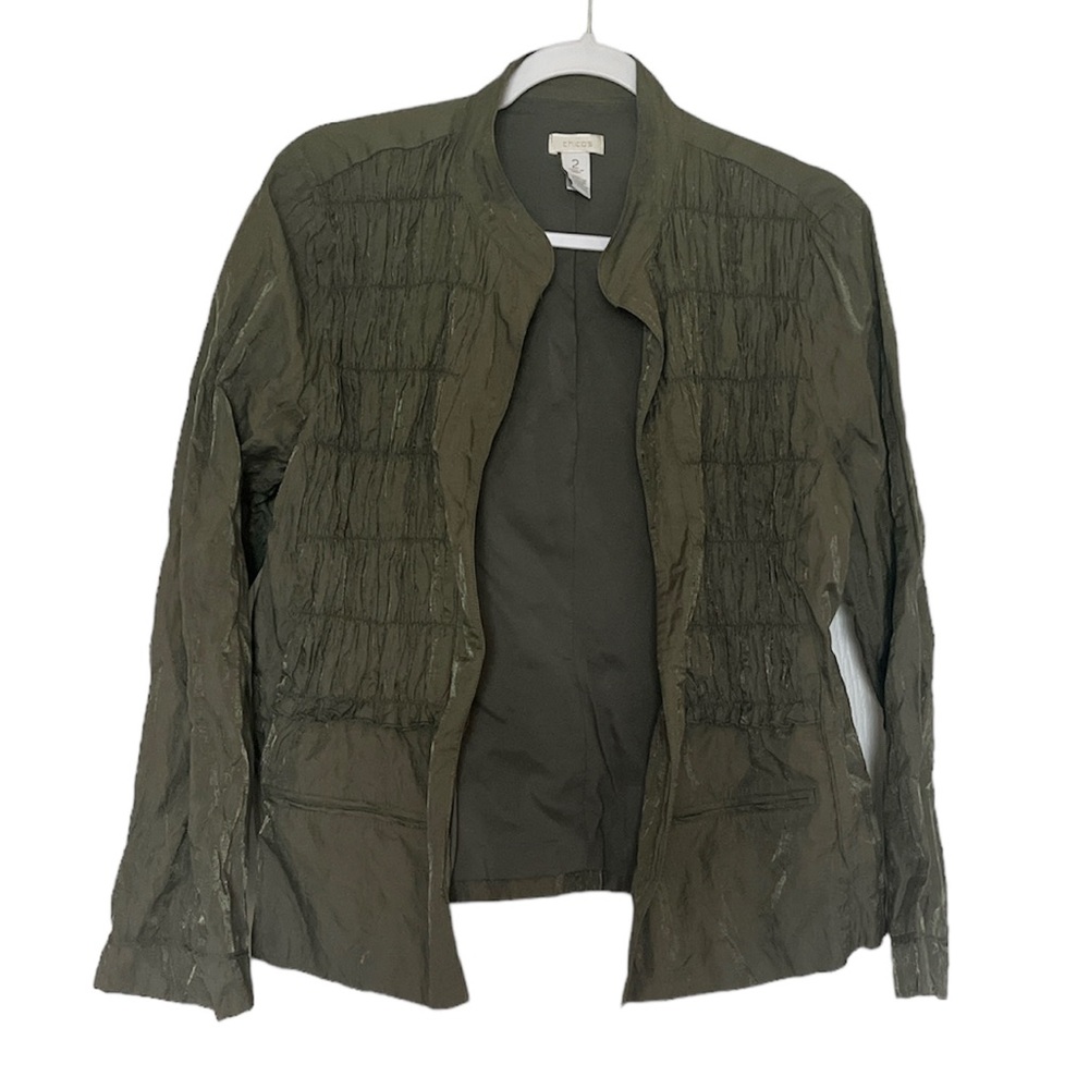 Chicos Army Green Ruched Light Jacket